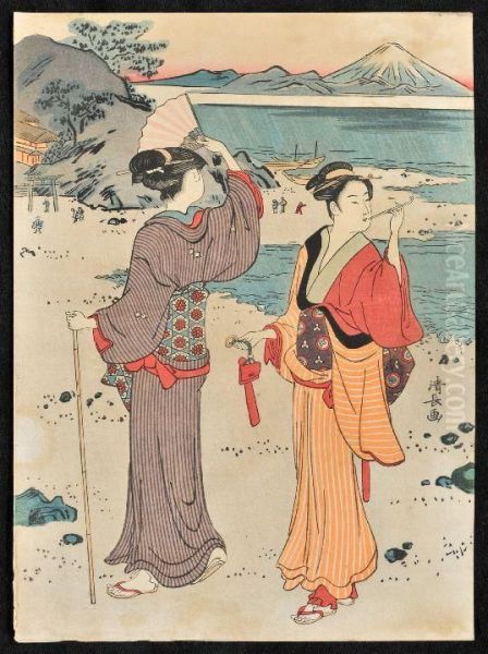 Two Bijin Oil Painting by Torii Kiyonaga