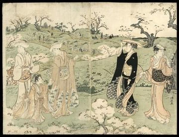 Picnic Parties At Asukayama Oil Painting by Torii Kiyonaga