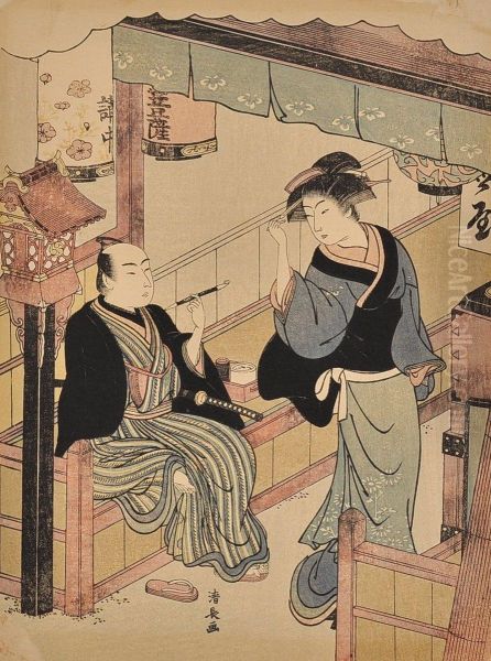 Tea-stall Girl With Guest Oil Painting by Torii Kiyonaga