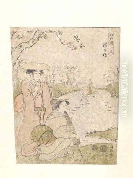 Deux Jeunes Femmes Au Bord D'une Riviere Oil Painting by Torii Kiyonaga