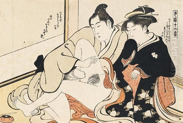 A Couple Making Love In
Front Of A Fusuma Oil Painting by Torii Kiyonaga