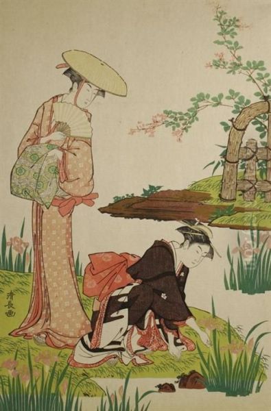 Women In Iris Pond Oil Painting by Torii Kiyonaga