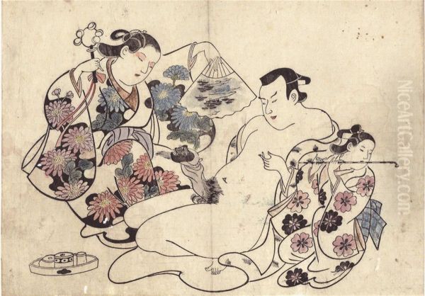 Three Shunga Prints Oil Painting by Torii I Kiyonobu