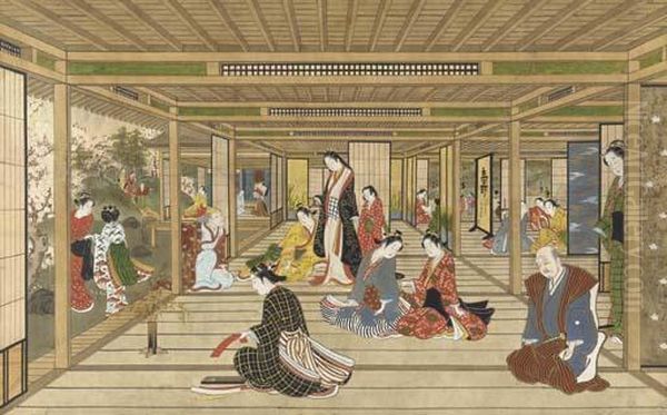 Perspective View Of Amusements In An Interior Oil Painting by Torii Ii Kiyonobu