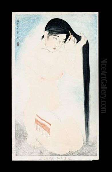 Glossy Dark Hair, No.5 From Womens Manners Of Today Oil Painting by Kobayakawa Kiyoshi