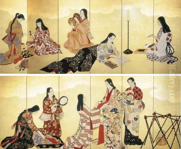 Genroku Fuzoku (pastimes Of The Genroku Era) Oil Painting by Kobayakawa Kiyoshi