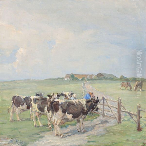 Field With Cattle By A Gate Oil Painting by Harald Kjaer