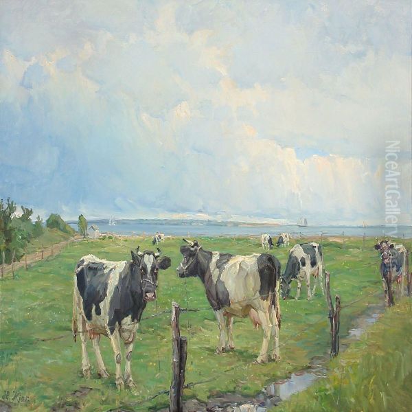 Grazing Cows Near A Coast Oil Painting by Harald Kjaer