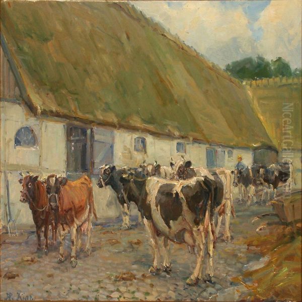 Farm Exterior With Cows Oil Painting by Harald Kjaer