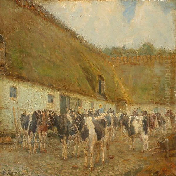 Cattle In The Yard Oil Painting by Harald Kjaer