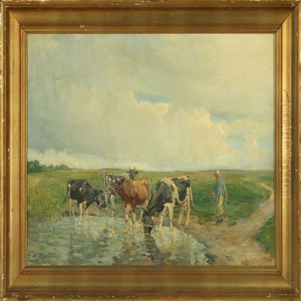 Cows In The Field At A Small Pond Oil Painting by Harald Kjaer