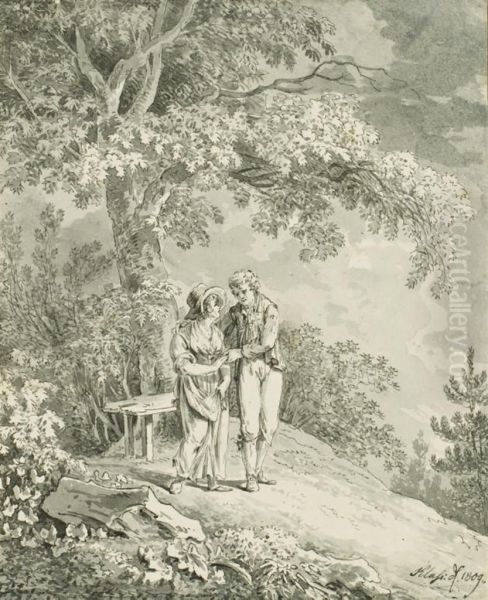 Un Couple Sous Un Arbre Pres D'un Banc Oil Painting by Friedrich Christian Klass