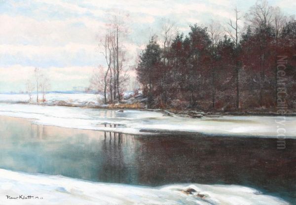 ''winter En Der Ost?'' Large Snowy Winter River Landscape Oil Painting by Hans Klatt