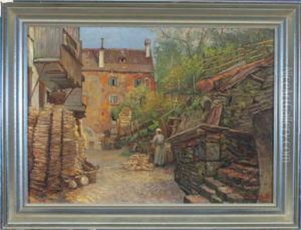 Bauerin Beim Holzhacken Im Hinterhof Oil Painting by Hans Klatt