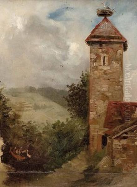 Turmgemauer Mit Storchennest In Landschaft Oil Painting by Franz Georg Kleber