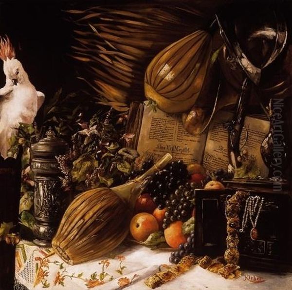 Still Life With White Cockatoo Oil Painting by Franz Georg Kleber