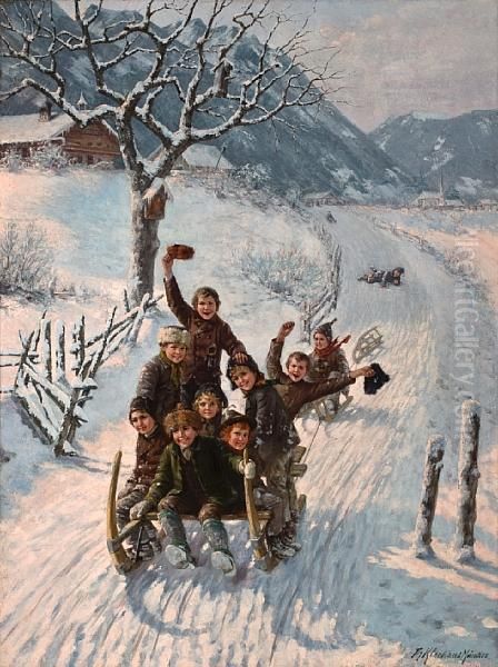 Children Sledding Oil Painting by Theodor Kleehaas