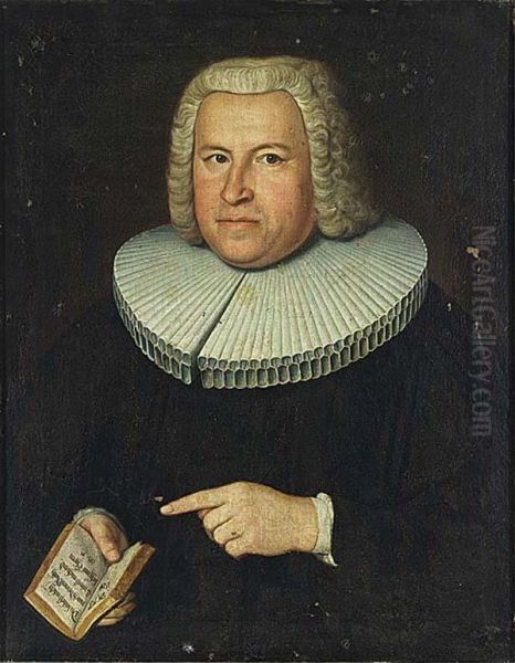 A Portrait Of Zacharias Handler (1698-1756), Half Length, Wearing A Black Dress With A White Lace Collar And A Wig, Holding A Bible In His Right Hand Showing Psalm 73 Verse 20 Oil Painting by Nikolaus Moritz Kleemann