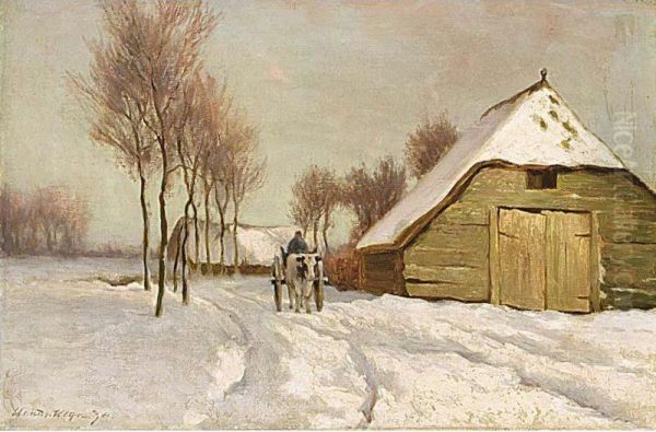 A Peasant In A Winter Landscape Oil Painting by Hendrik Albertus Kleijn