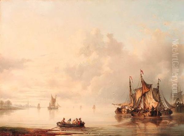 Moored Vessels In A Harbour Oil Painting by Hendrik Albertus Kleijn