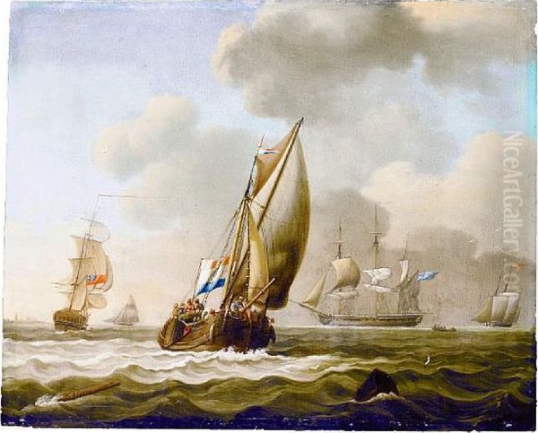 British Frigates And Other Vessels Offshore In A Swell, With A Dutch Hoy -traditionally Identified As The 
Minerva 
 Of Vlissingen - Heading Out To Sea Oil Painting by David Kleyne