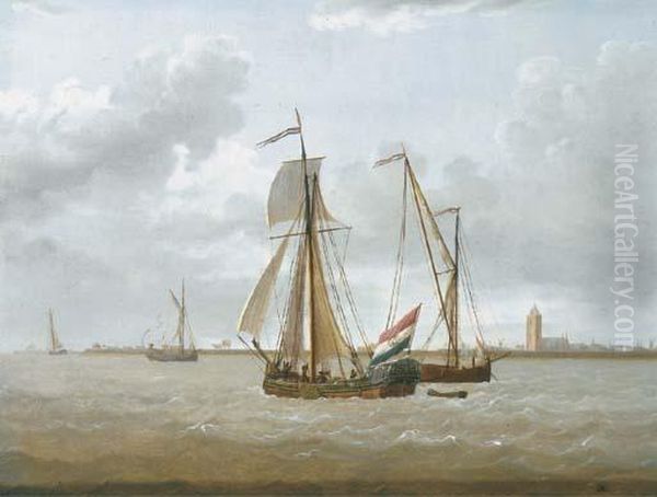 Shipping Off The Coast Of The Zuyder Zee, A States Yacht Raisingits Sails Oil Painting by David Kleyne