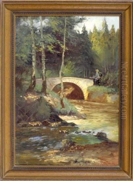 Jager Bei Einer Steinbrucke Im Muhltal Bei Gauting Oil Painting by Anna Klein