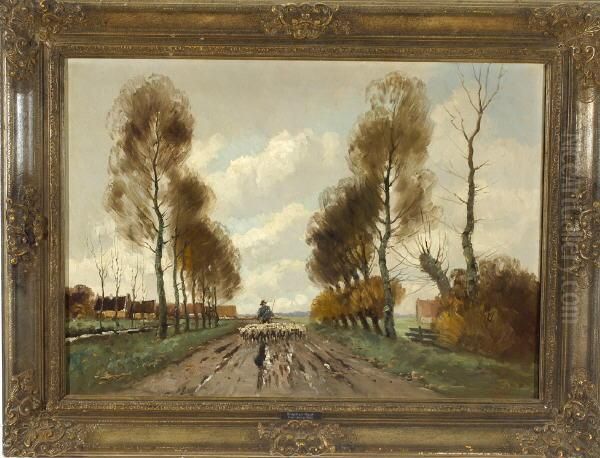 Schafer Mit Seiner Herde Auf Einer Allee Am Dorfrand Im Herbst Oil Painting by Anna Klein