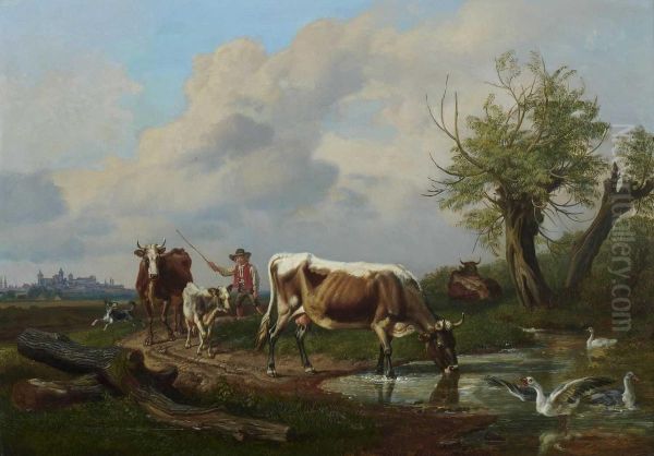 Hirte Mit Rindern Auf Dem Weg Zur Tranke. Oil Painting by Johann Adam Klein