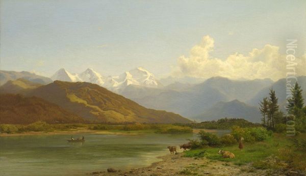 Hirtin Mit Rindern Am Ufer Eines Gebirgssees Oil Painting by Wilhelm Klein