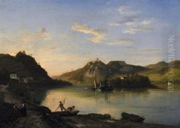 Evening Mood In Front Of The Nonnenwerth Island By The Rhine. Fisherboys And Their Boats. Signed And Dated Lower Left: W. Klein 1863 Oil Painting by Wilhelm Klein