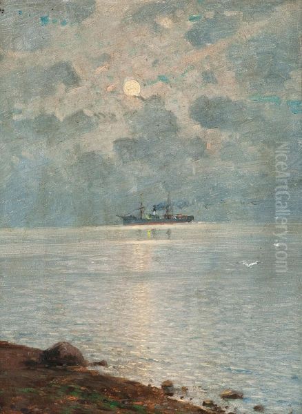 Ship In Moonlight Oil Painting by Oskar Conrad Kleineh