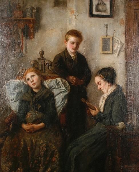 Reading To The Convalescent Girl Oil Painting by Johannes Kleinschmidt