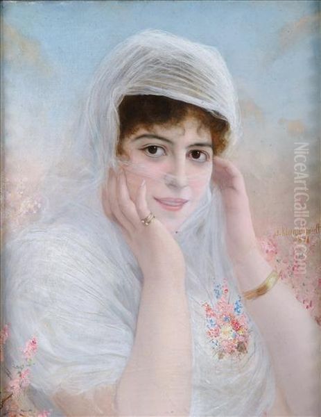 Portrait Ofa Lady In A Veil Oil Painting by Johannes Kleinschmidt