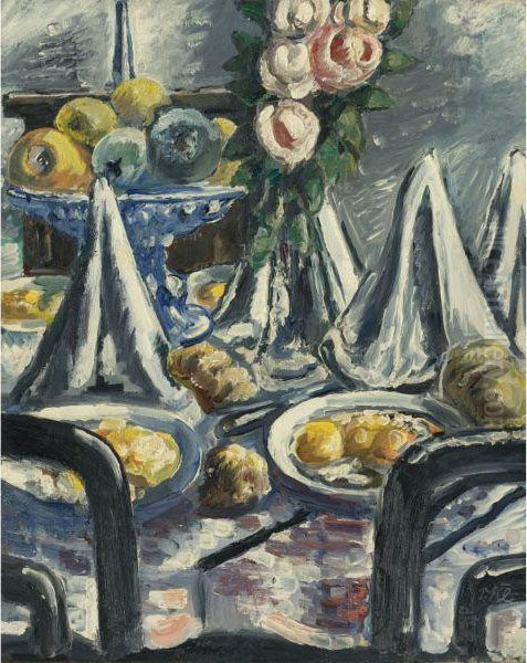 Gedeckter Tisch Mit Servietten Und Rosen (table Set With Napkinsand Roses) Oil Painting by Paul Kleinschmidt