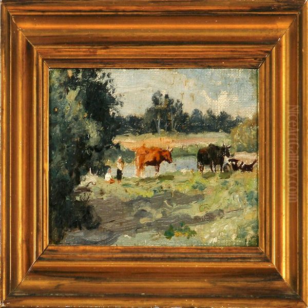 Children And Cattle At A Forest Lake Oil Painting by Alexei Nikolaevich Klementiev