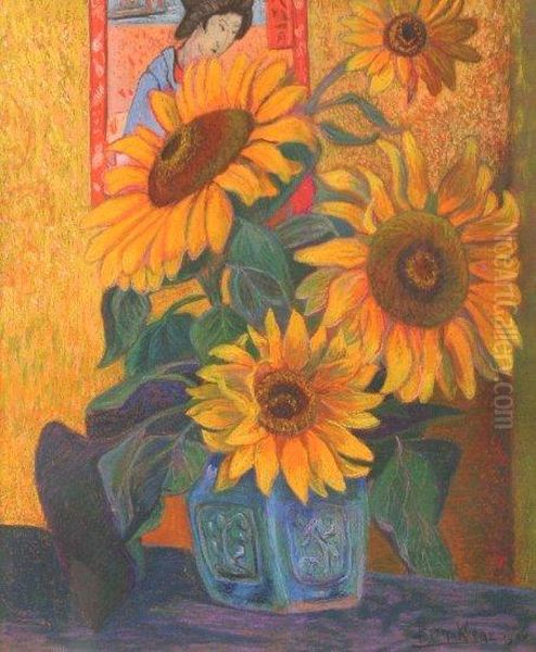 Sonnenblumenmit Japanerin Oil Painting by Bernhard Klene