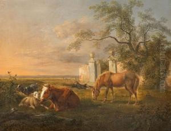 Weite Landschaft Mit Tieren Und Hirtenjunge Vor Einem Parkzugang Oil Painting by Johann Christian Klengel