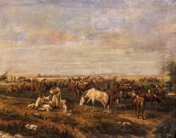 Horse-breeding Oil Painting by Karoly Klette