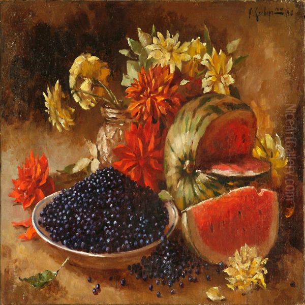 Still Life With Flowers, Blueberry And Watermelon Oil Painting by Juliy Julievich Klever Ii