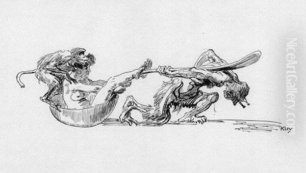 Madchen Und Affe Im Loffel, Von Faun Gezogen Oil Painting by Heinrich Kley