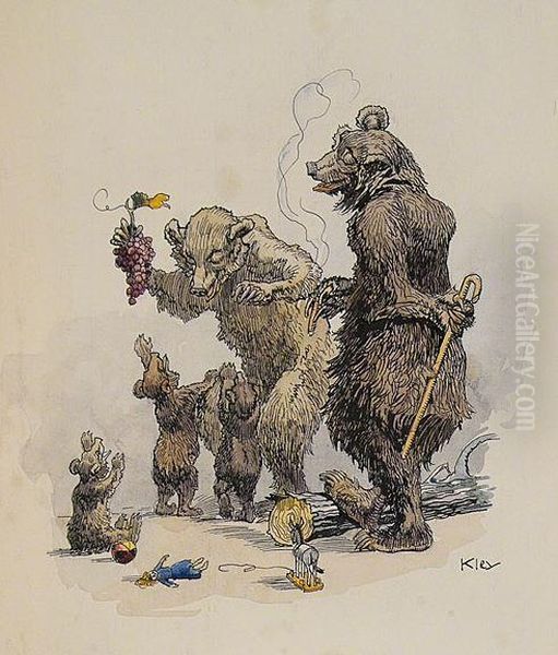 Satire: Bear Family Relaxing. Oil Painting by Heinrich Kley