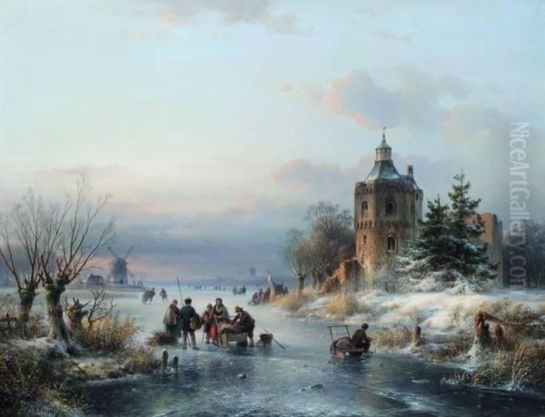 Winterlandschap Met Schaatsers En Koek En Zopietent Oil Painting by Lodewijk Johannes Kleijn