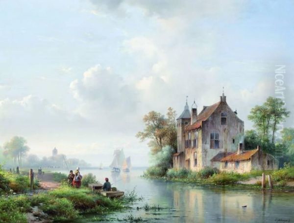 Zomerlandschap Met Vissers Aan Een Vaart Oil Painting by Lodewijk Johannes Kleijn