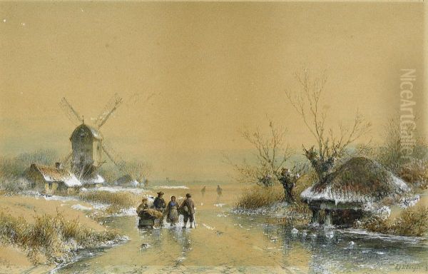 On The Frozenriver Oil Painting by Lodewijk Johannes Kleijn