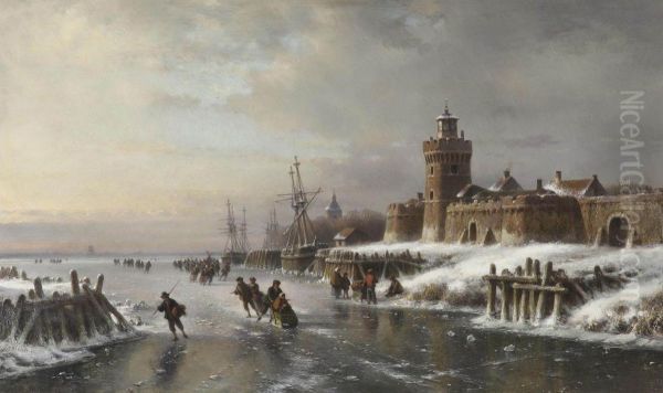 A Winter Landscape With Figures Skating Near A Fortified Town Oil Painting by Lodewijk Johannes Kleijn