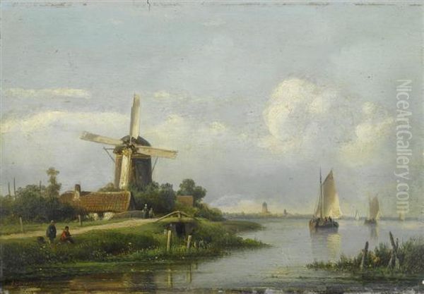 Landscape Withwindmills And Sailing Ships. Oil Painting by Lodewijk Johannes Kleijn