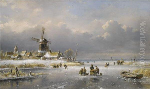 A Winter Landscape With Skaters On A Frozen Waterway Oil Painting by Lodewijk Johannes Kleijn