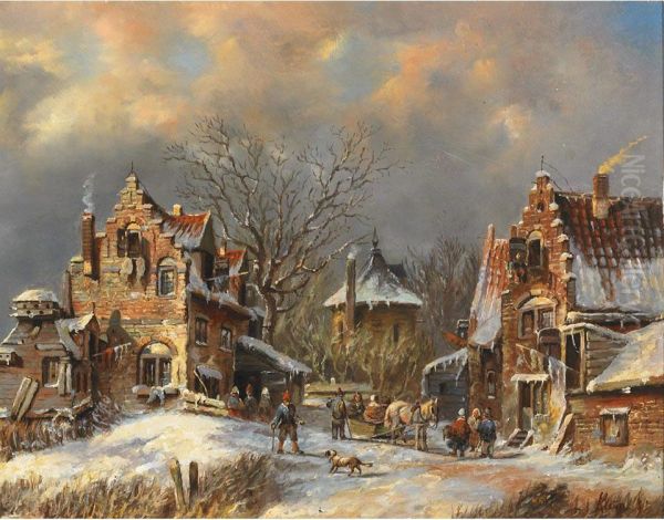 Winter Village With Townsfolk Conversing Oil Painting by Lodewijk Johannes Kleijn