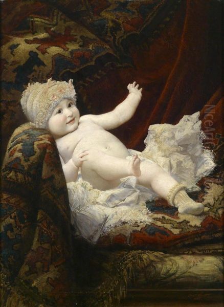 Portrait Of A Baby On A Sofawearing A Lace Cap Oil Painting by Ernst Klimt